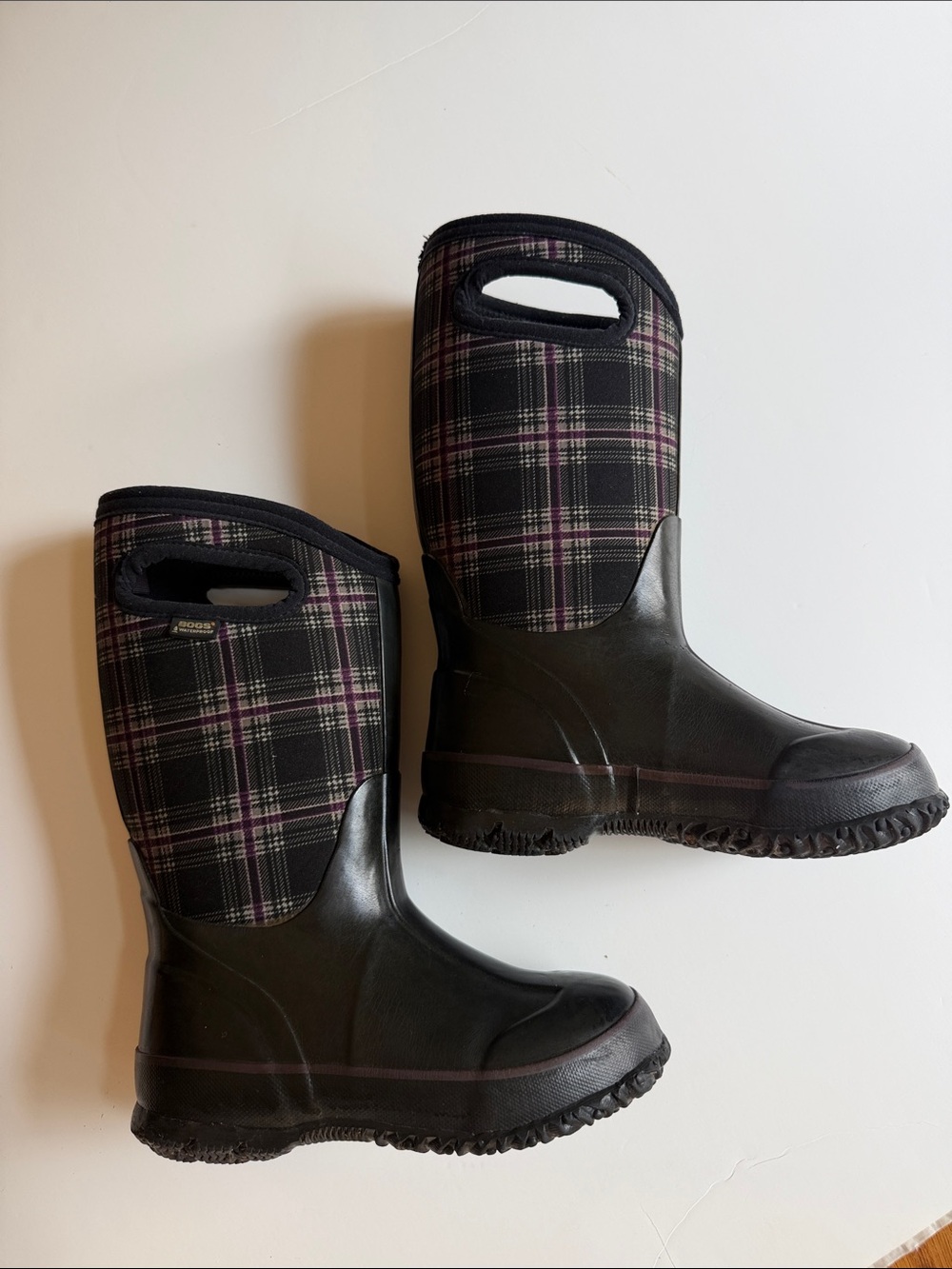 Kids Waterproof Plaid Pull-On Winter Boots - Black and Purple
